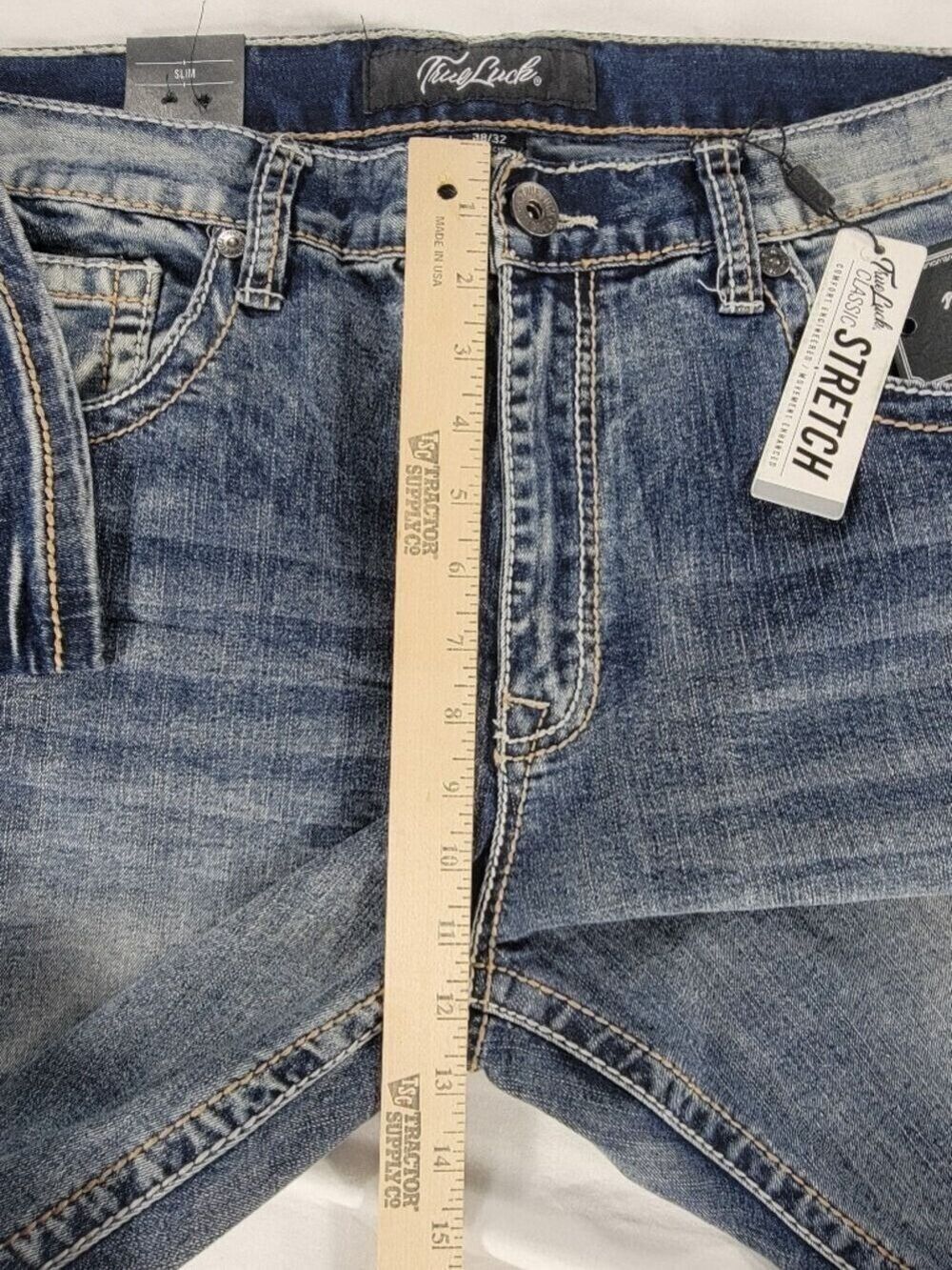 NEW True Luck Jeans Mens 38x32 Blue Stretch Straight Slim Denim NWT - Picture 10 of 11